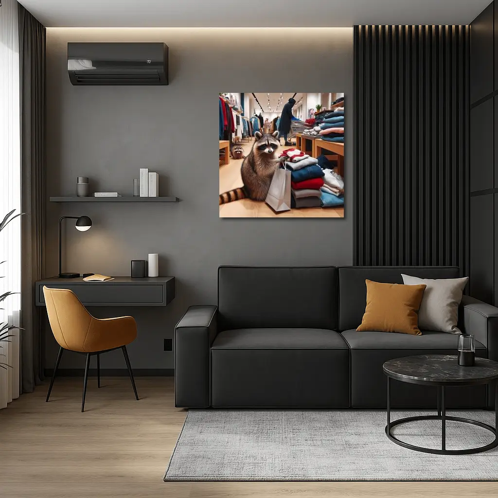 Raccoon Shopping In Clothing Store – Wall Art