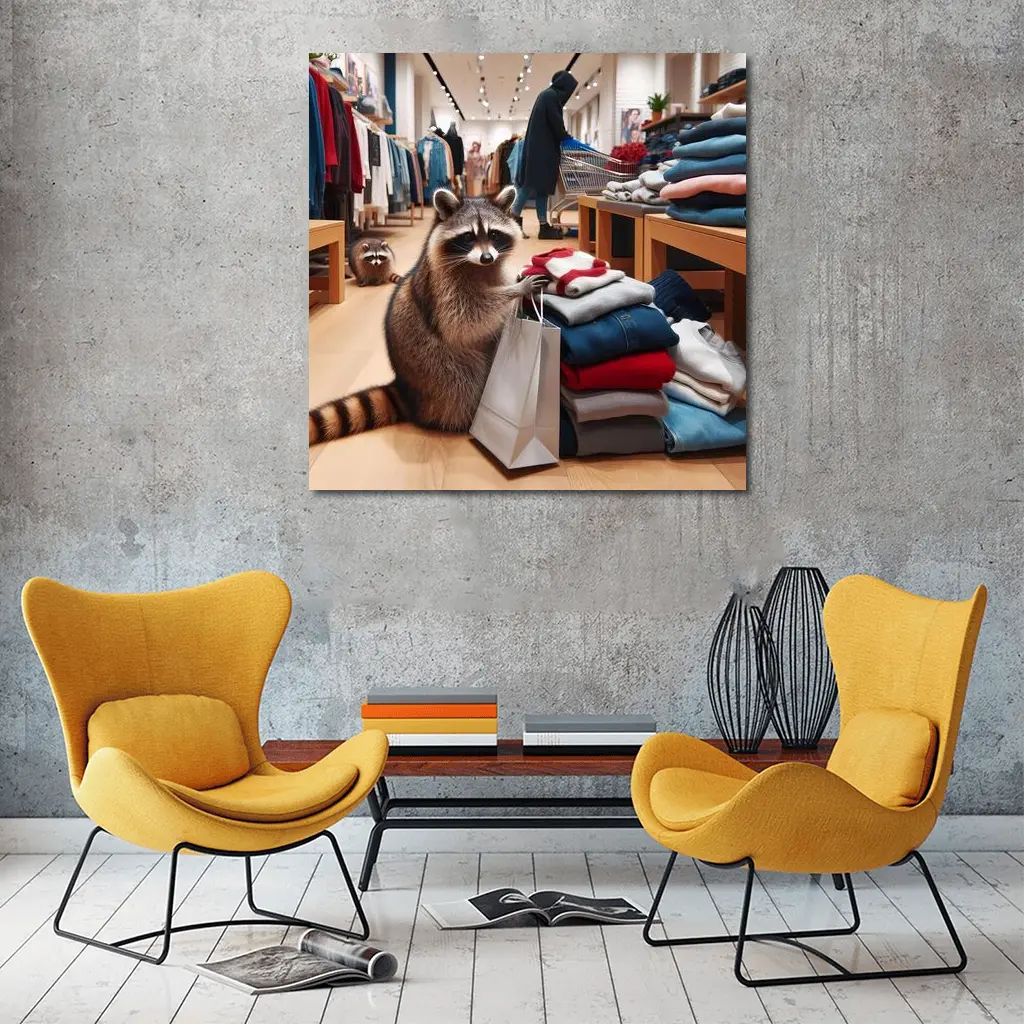 Raccoon Shopping In Clothing Store – Wall Art