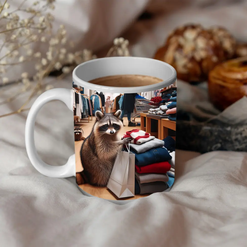 Raccoon Shopping In Clothing Store – Mugs