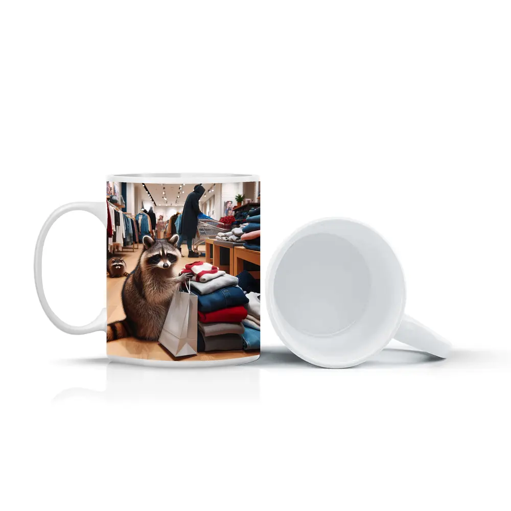 Raccoon Shopping In Clothing Store – Mugs