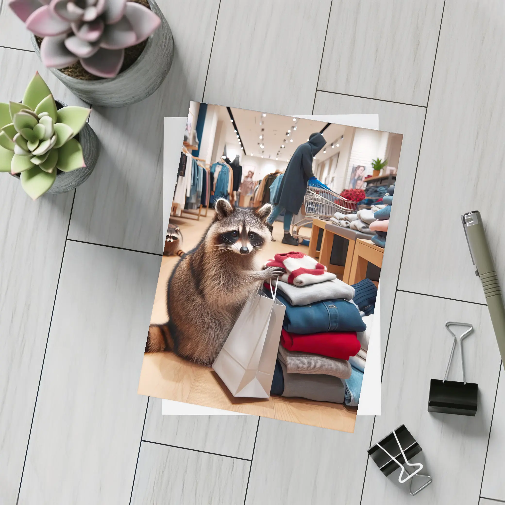 Raccoon Shopping In Clothing Store – Postcards