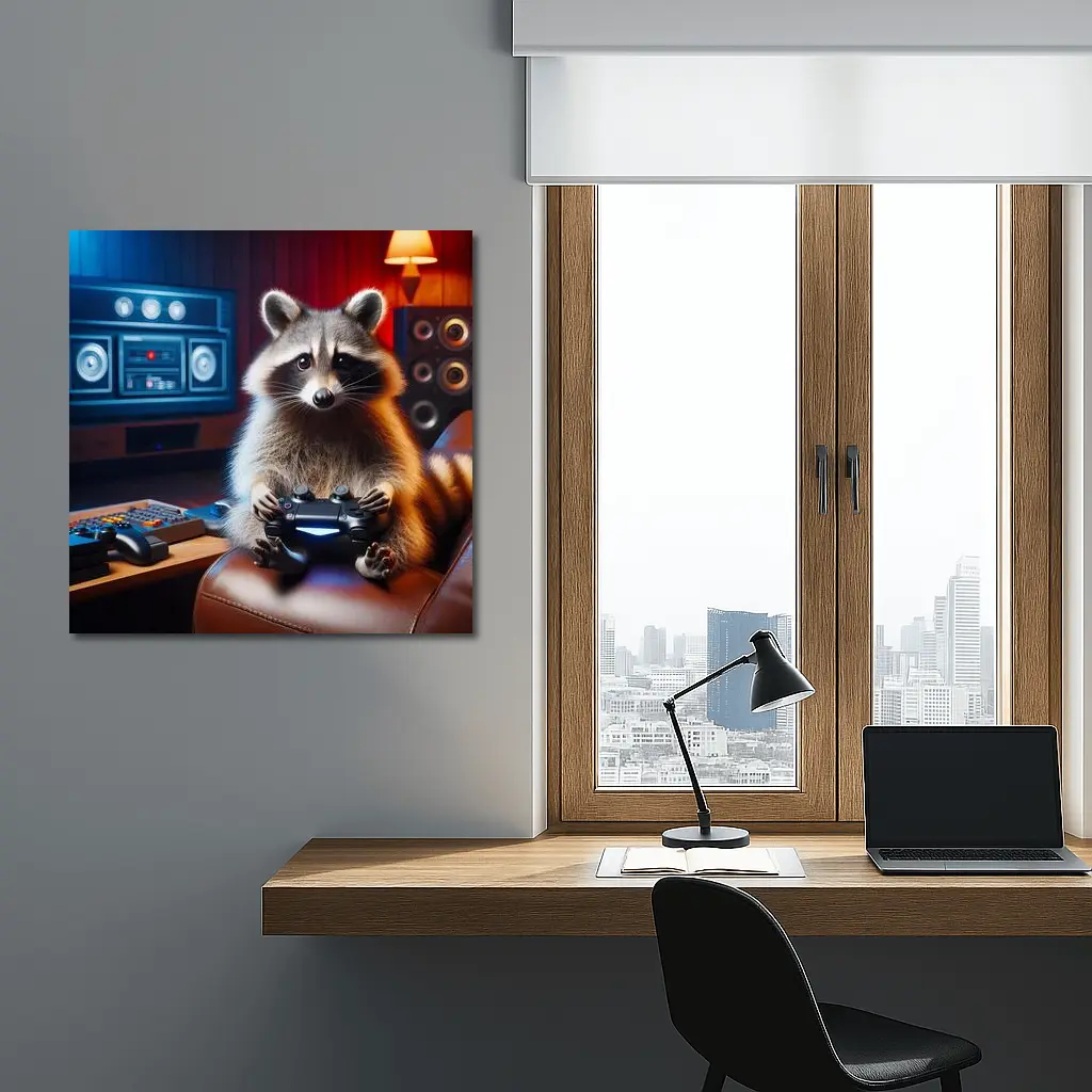 Raccoon Gamer Playing Controller in Gaming Room – Wall Art