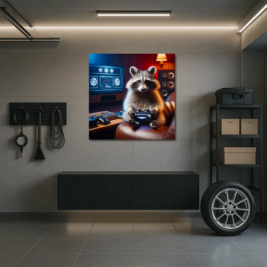 Raccoon Gamer Playing Controller in Gaming Room – Wall Art