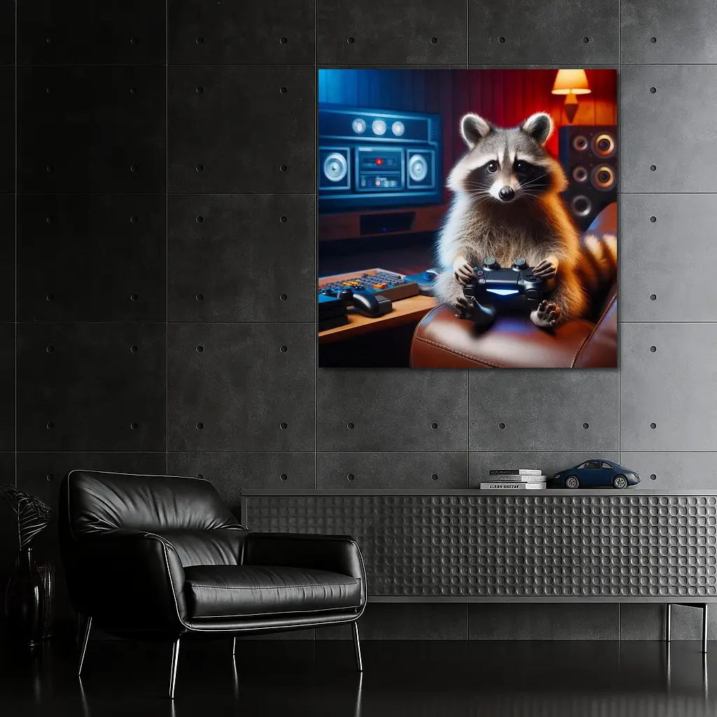 Raccoon Gamer Playing Controller in Gaming Room – Wall Art