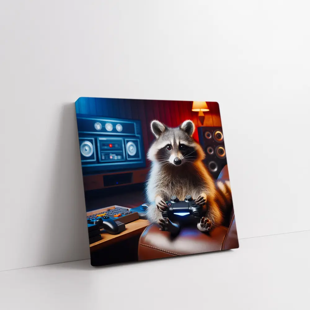 Raccoon Gamer Playing Controller in Gaming Room – Wall Art