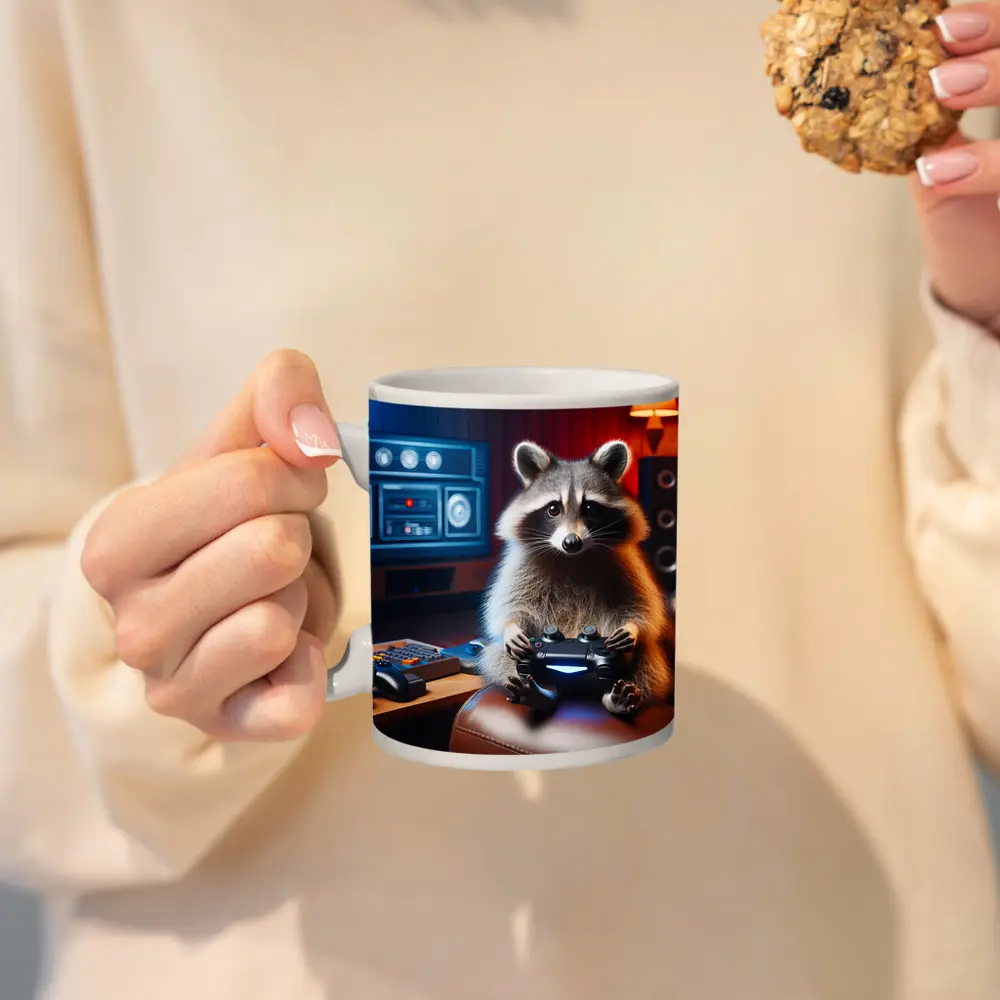 Raccoon Gamer Playing Controller in Gaming Room – Mugs