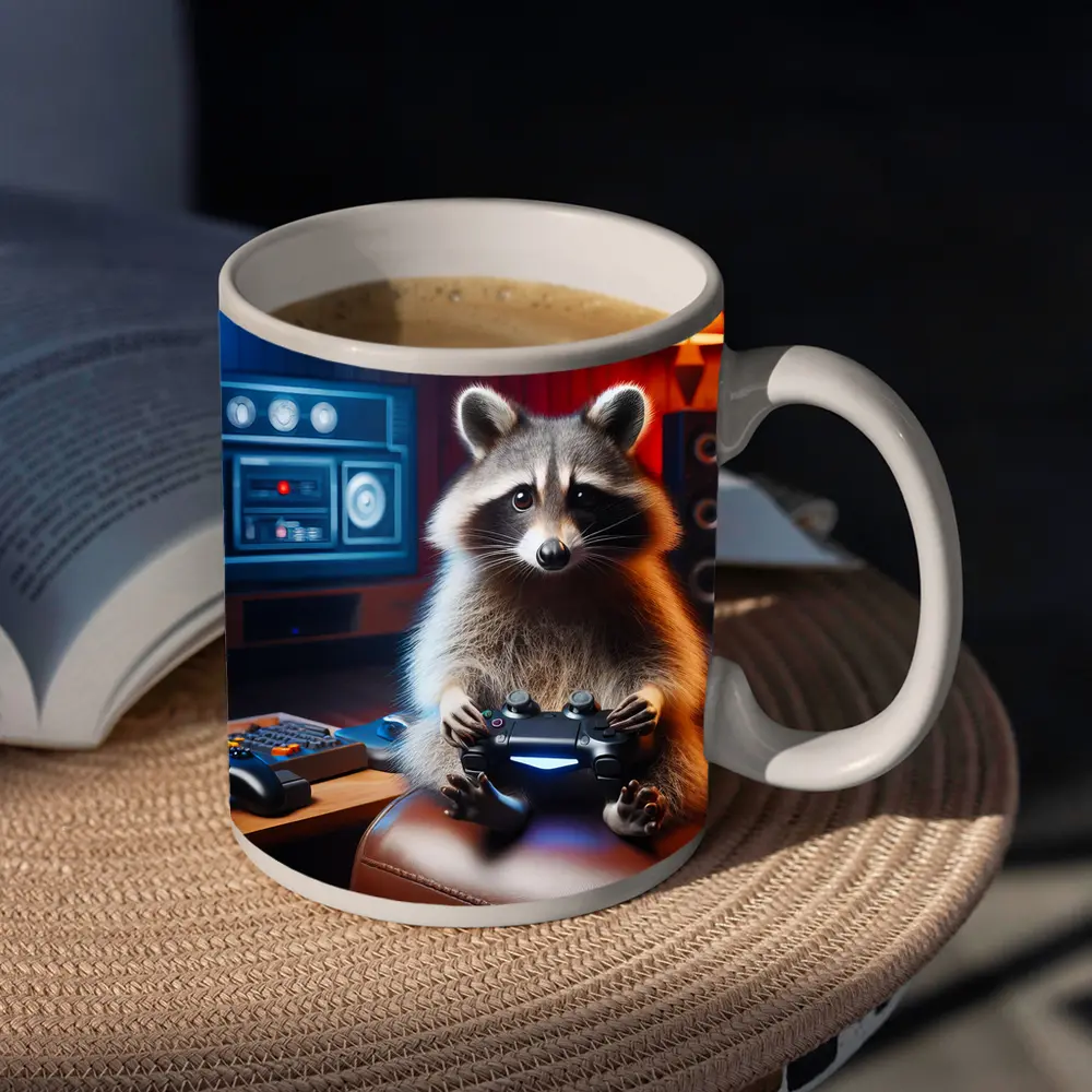 Raccoon Gamer Playing Controller in Gaming Room – Mugs