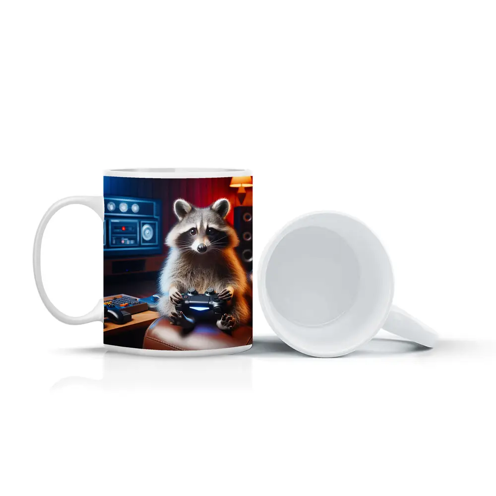 Raccoon Gamer Playing Controller in Gaming Room – Mugs