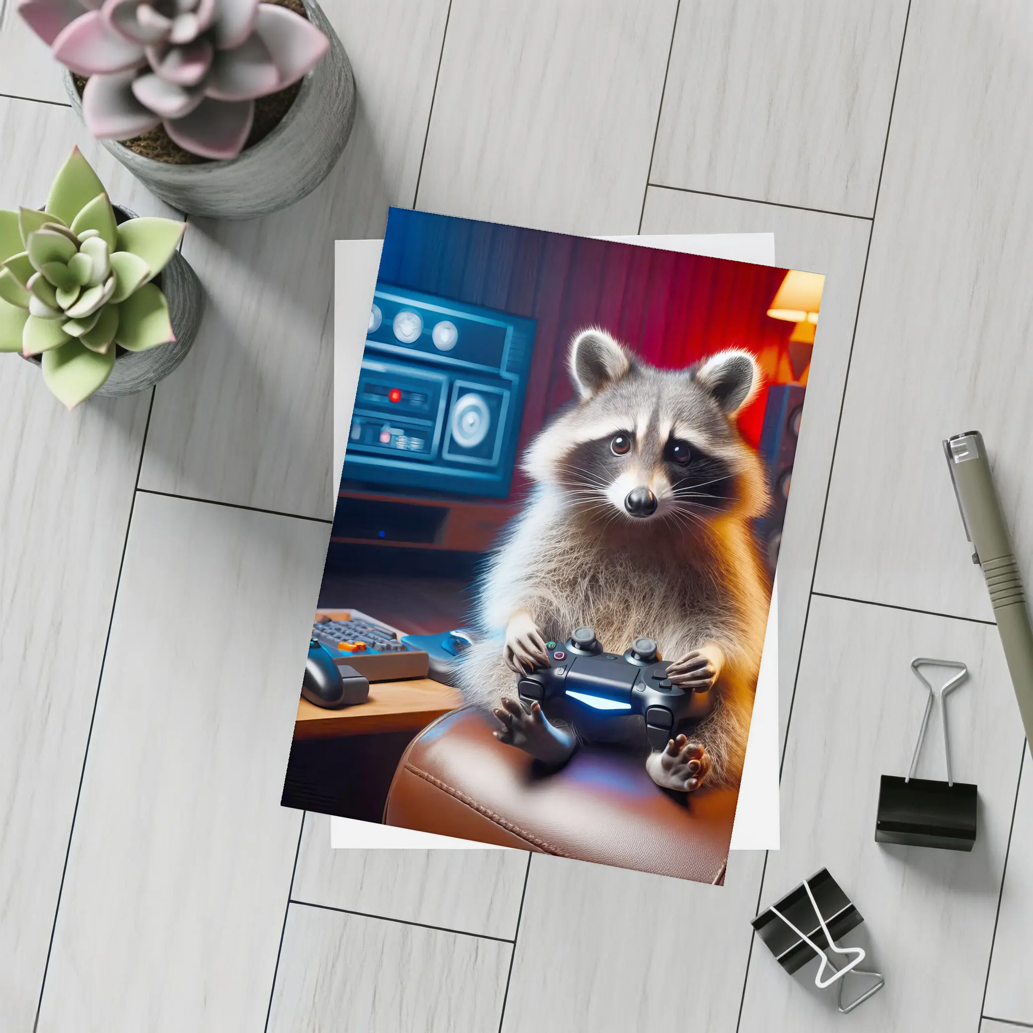 Raccoon Gamer Playing Controller in Gaming Room – Postcards