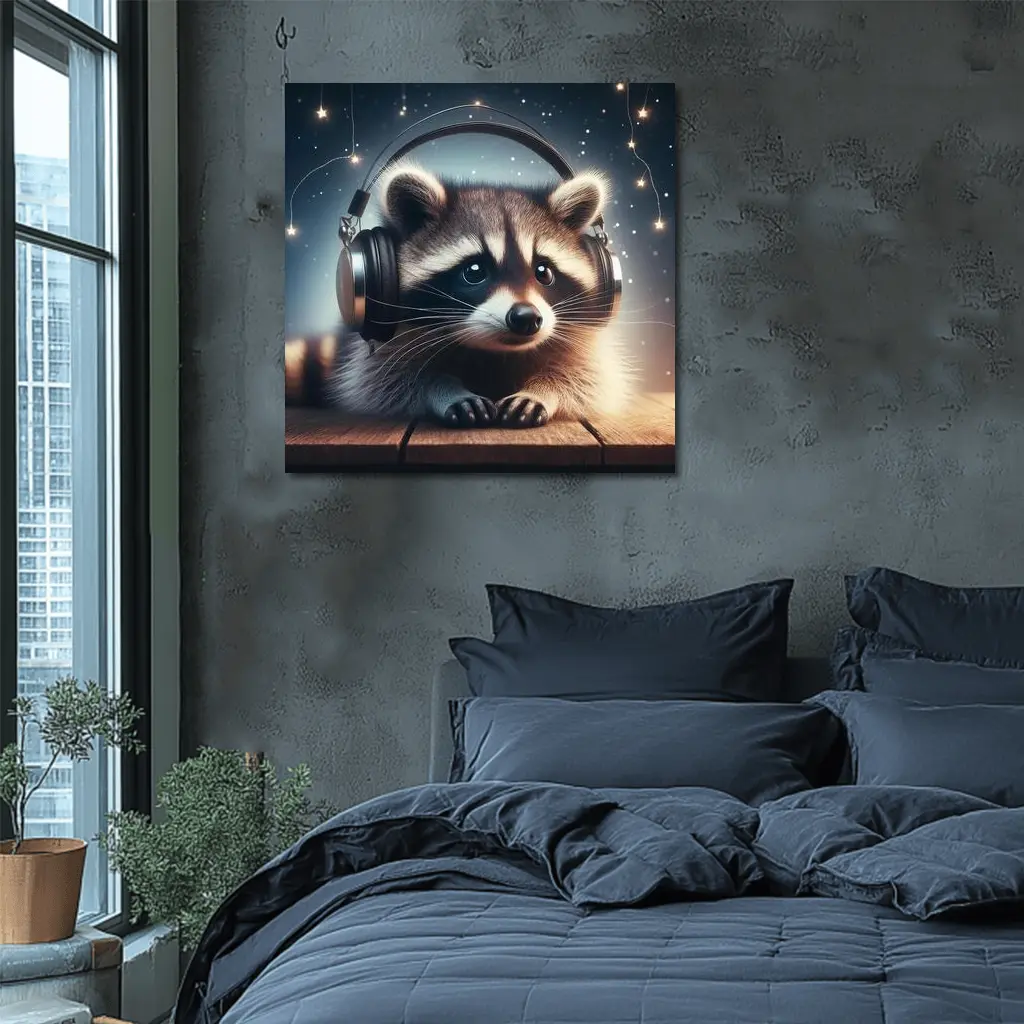 Raccoon Wearing Headphones Starry Night Background – Wall Art