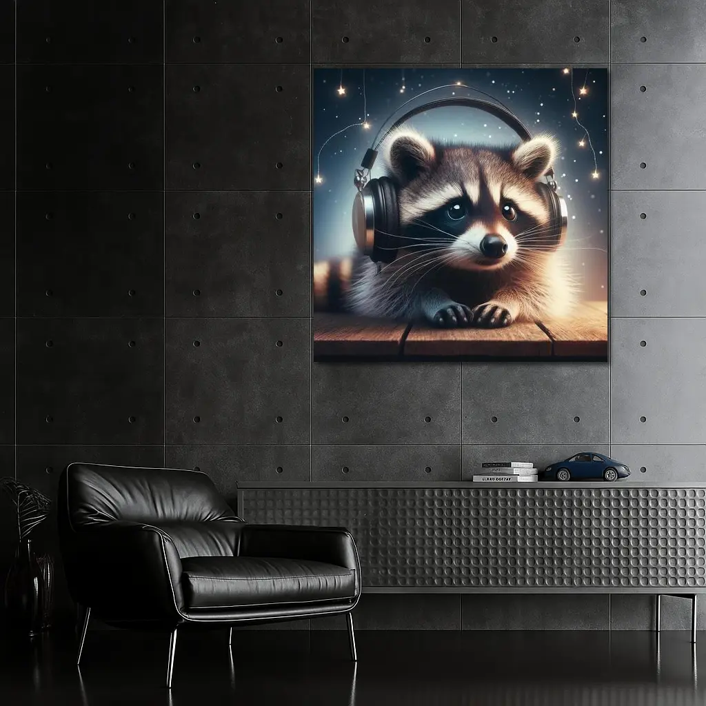 Raccoon Wearing Headphones Starry Night Background – Wall Art
