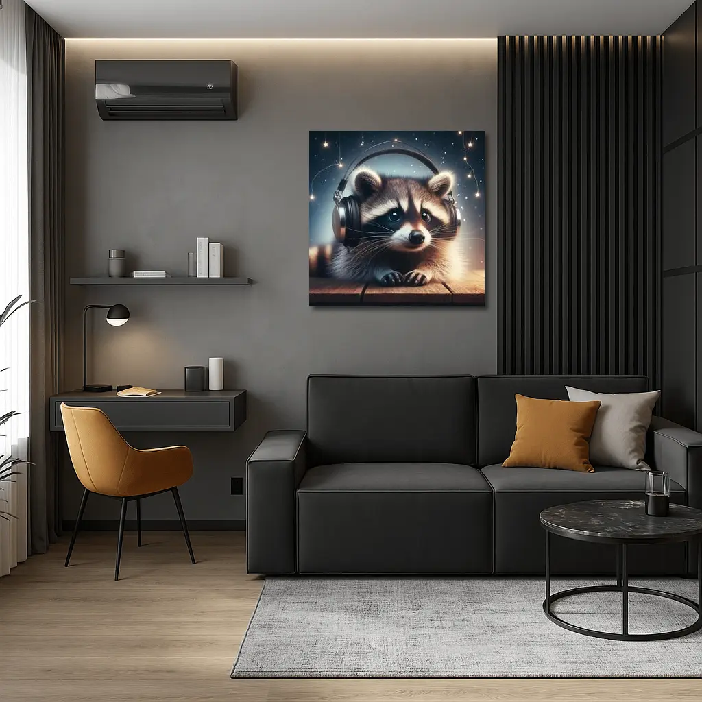 Raccoon Wearing Headphones Starry Night Background – Wall Art
