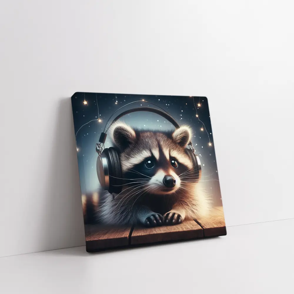 Raccoon Wearing Headphones Starry Night Background – Wall Art