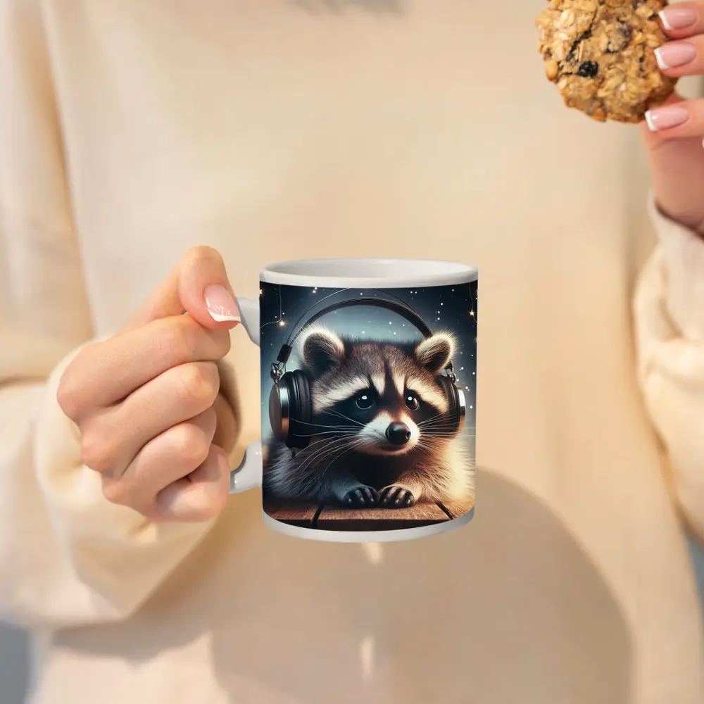 Raccoon Wearing Headphones Starry Night Background – Mugs