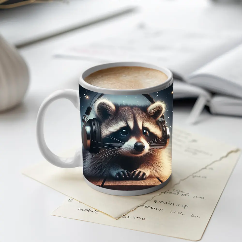 Raccoon Wearing Headphones Starry Night Background – Mugs