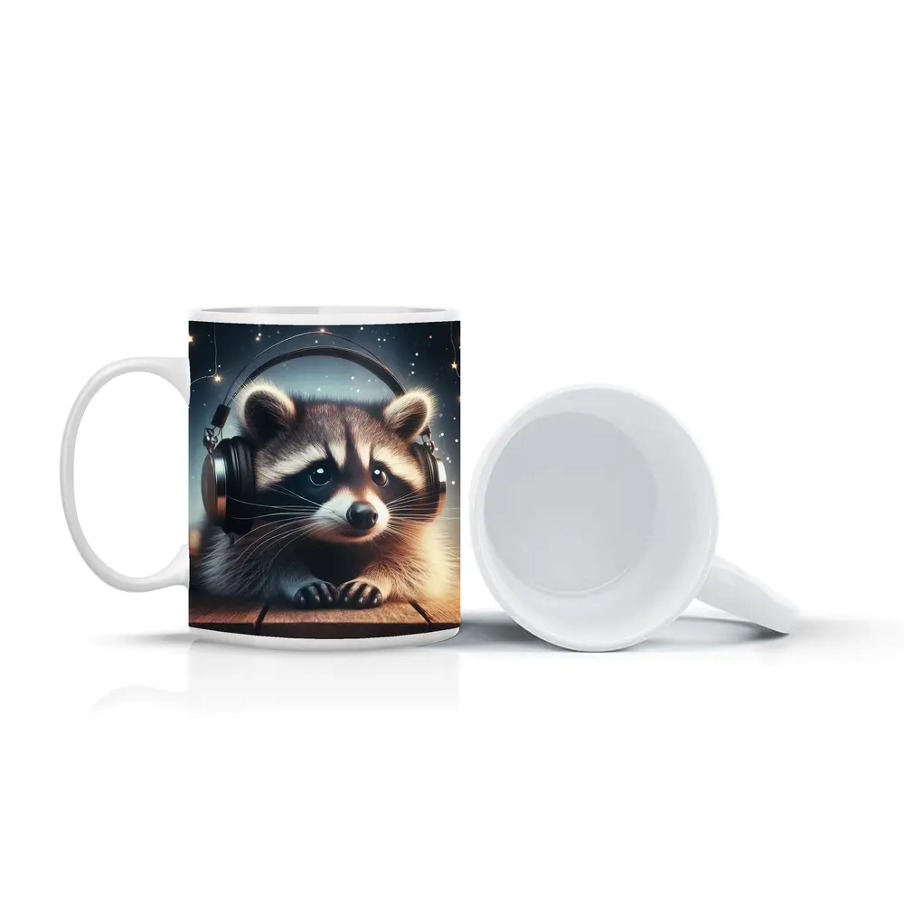 Raccoon Wearing Headphones Starry Night Background – Mugs