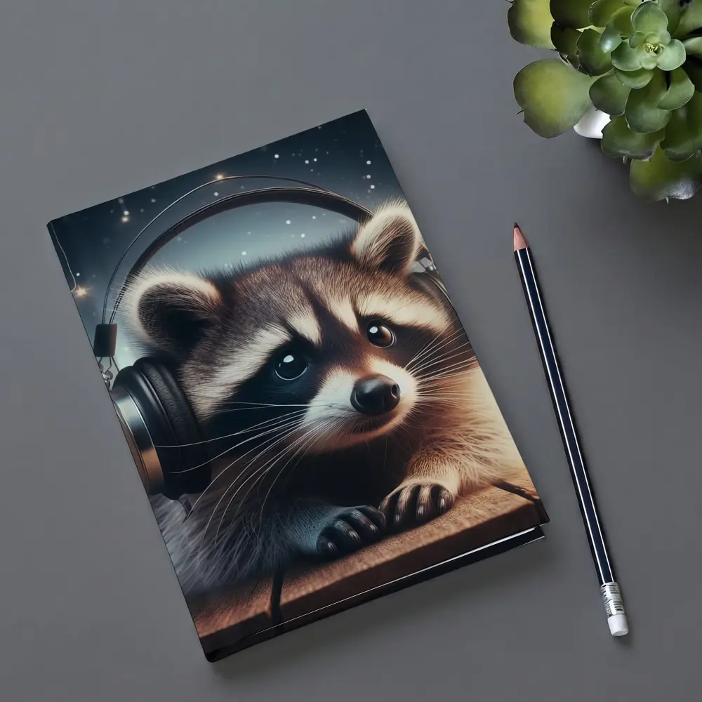 Raccoon Wearing Headphones Starry Night Background – Notebooks
