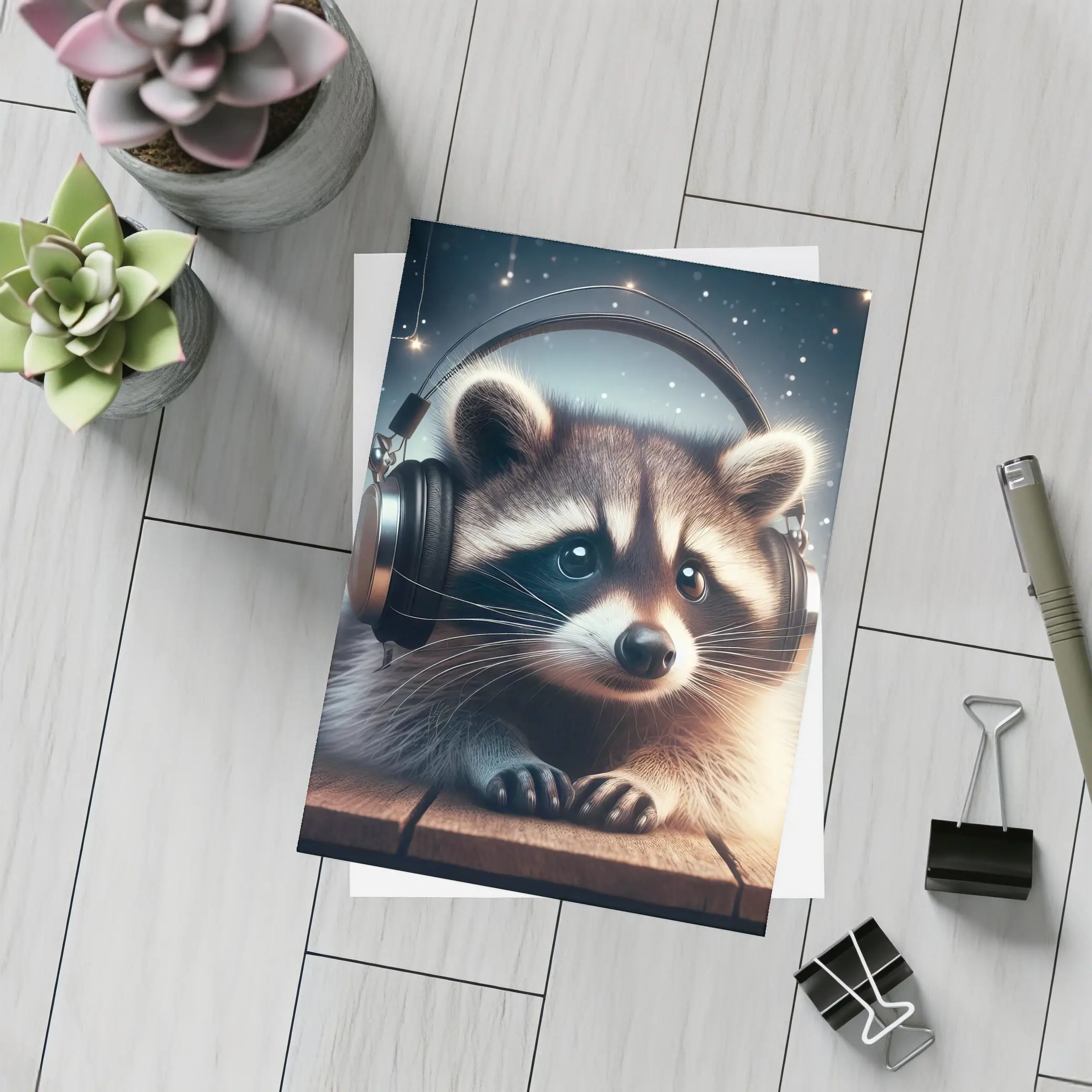 Raccoon Wearing Headphones Starry Night Background – Postcards