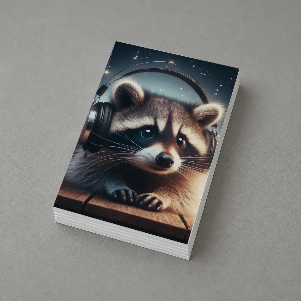Raccoon Wearing Headphones Starry Night Background – Postcards