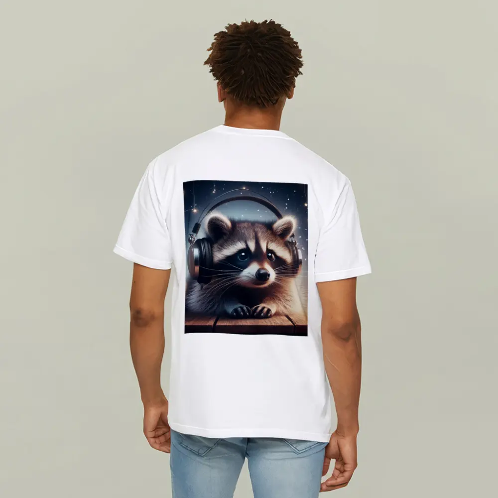 Raccoon Wearing Headphones Starry Night Background – T-Shirts