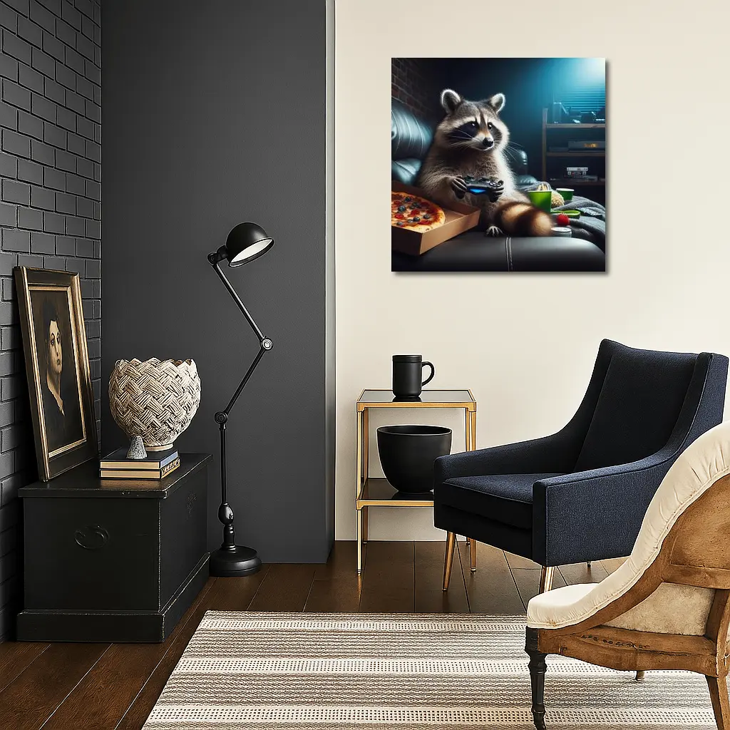Raccoon Gaming With Pizza Night Scene – Wall Art