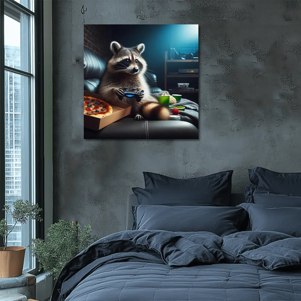 Raccoon Gaming With Pizza Night Scene – Wall Art