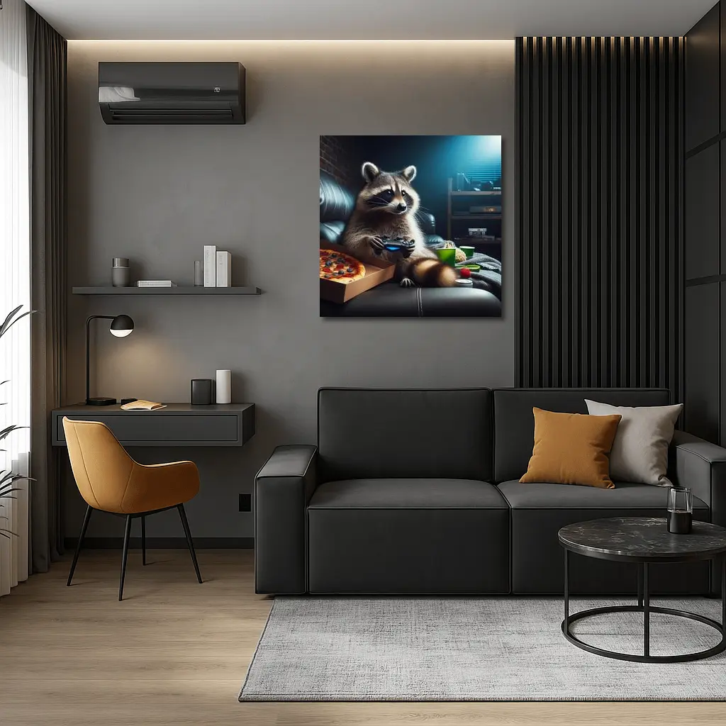 Raccoon Gaming With Pizza Night Scene – Wall Art
