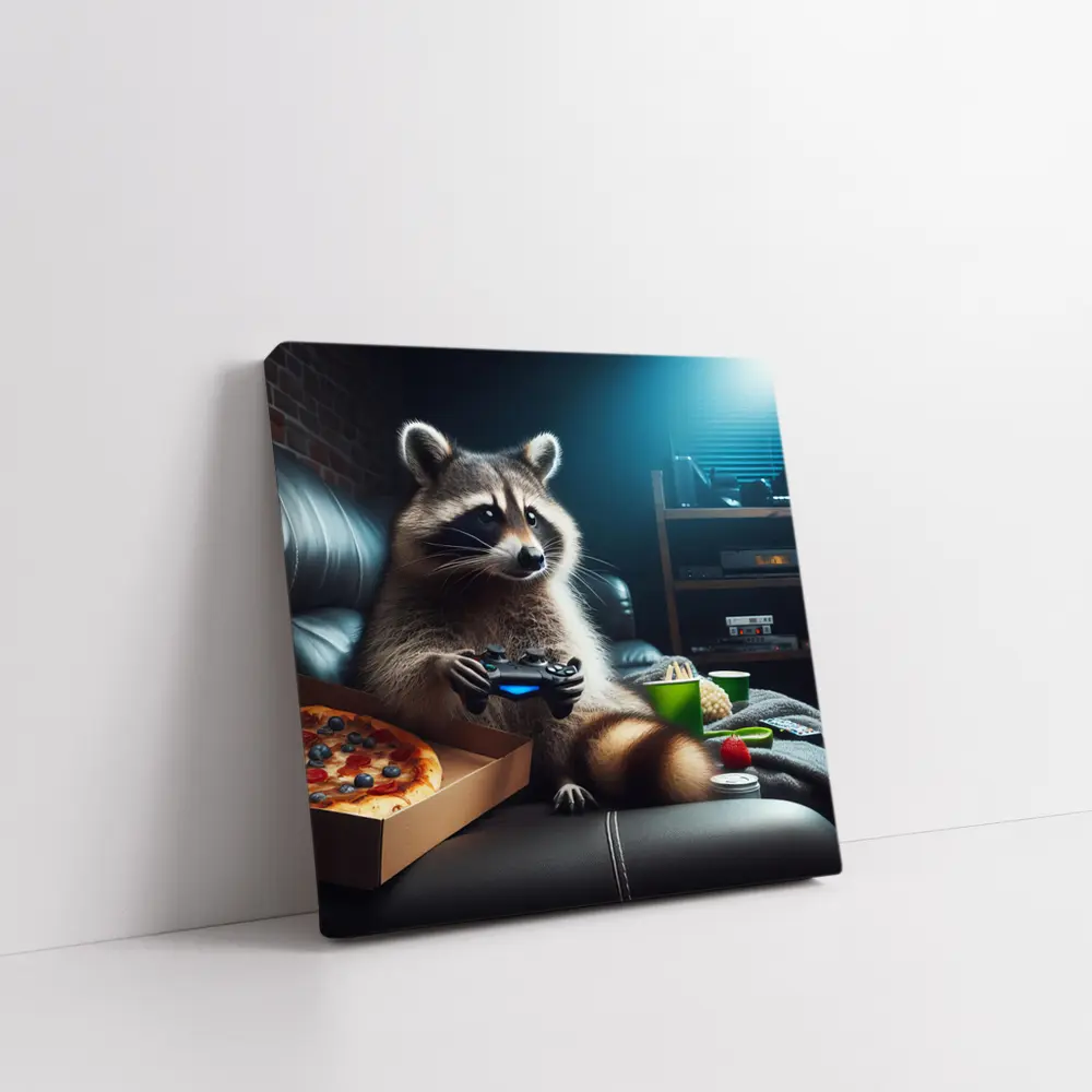 Raccoon Gaming With Pizza Night Scene – Wall Art