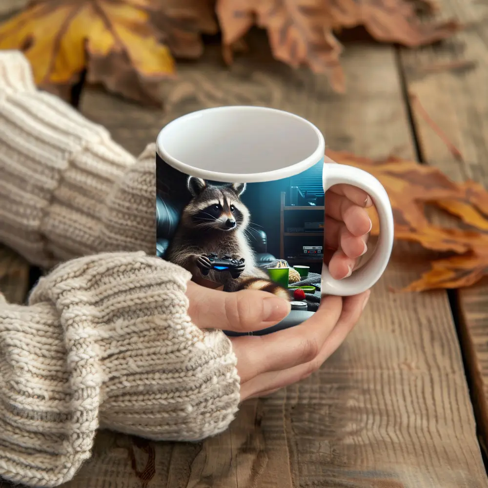 Raccoon Gaming With Pizza Night Scene – Mugs