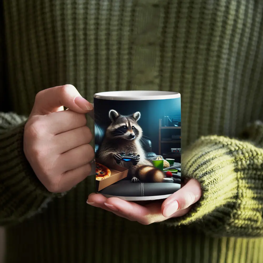Raccoon Gaming With Pizza Night Scene – Mugs
