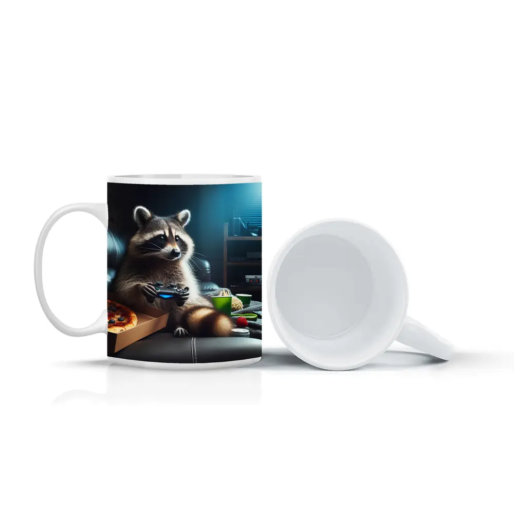 Raccoon Gaming With Pizza Night Scene – Mugs