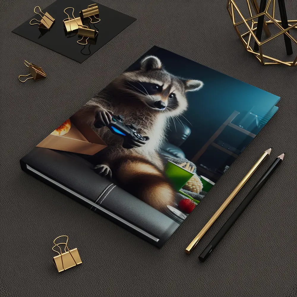 Raccoon Gaming With Pizza Night Scene – Notebooks