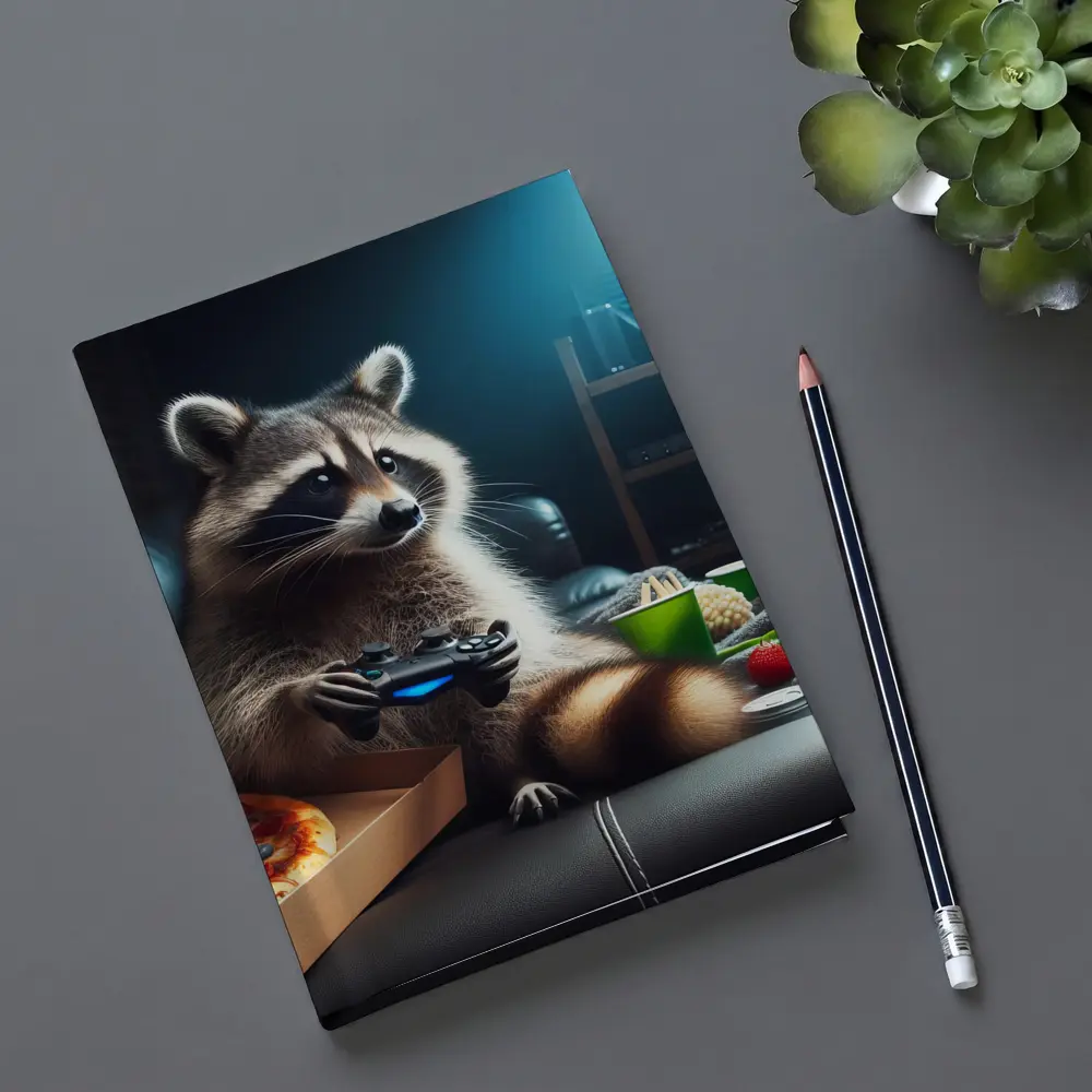 Raccoon Gaming With Pizza Night Scene – Notebooks