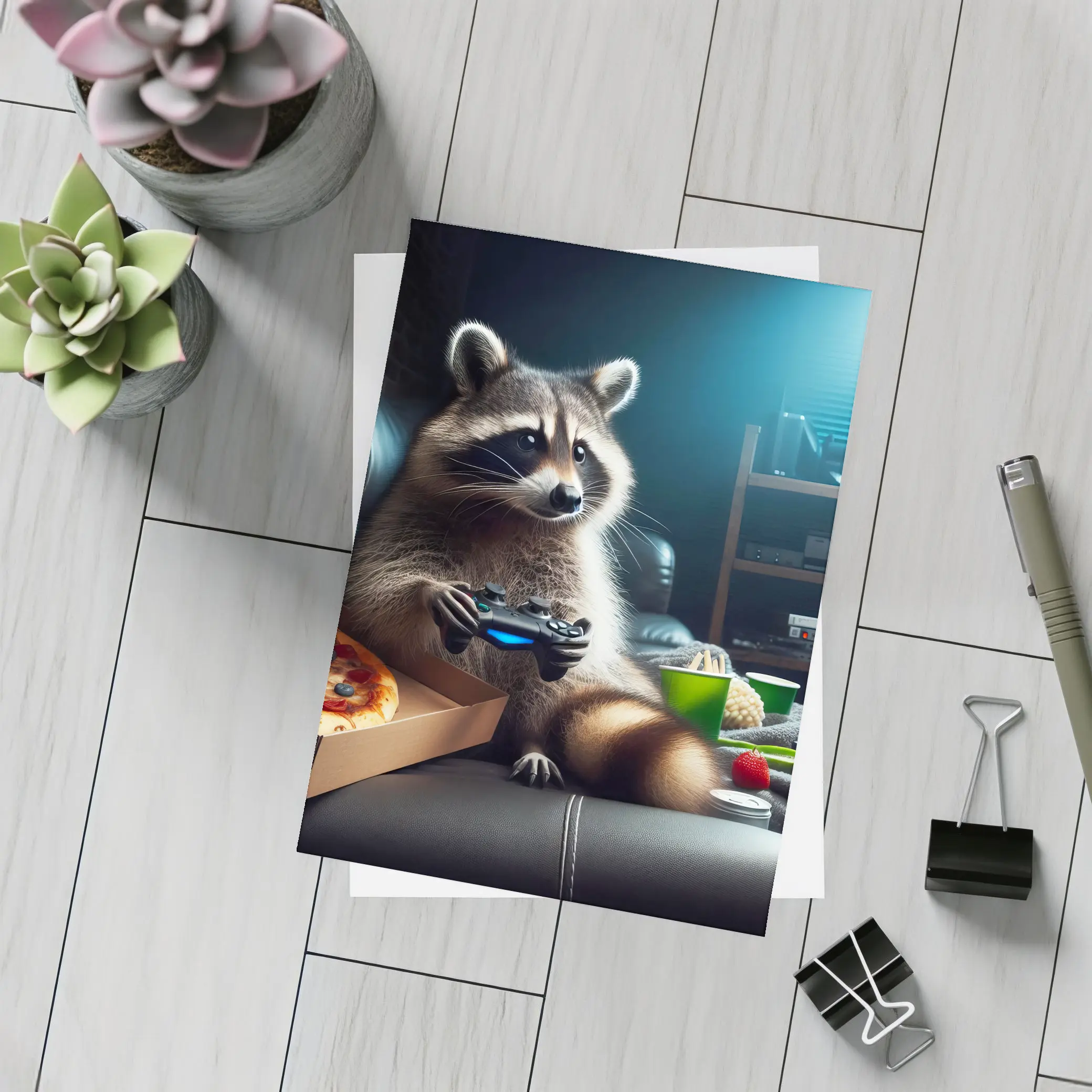 Raccoon Gaming With Pizza Night Scene – Postcards