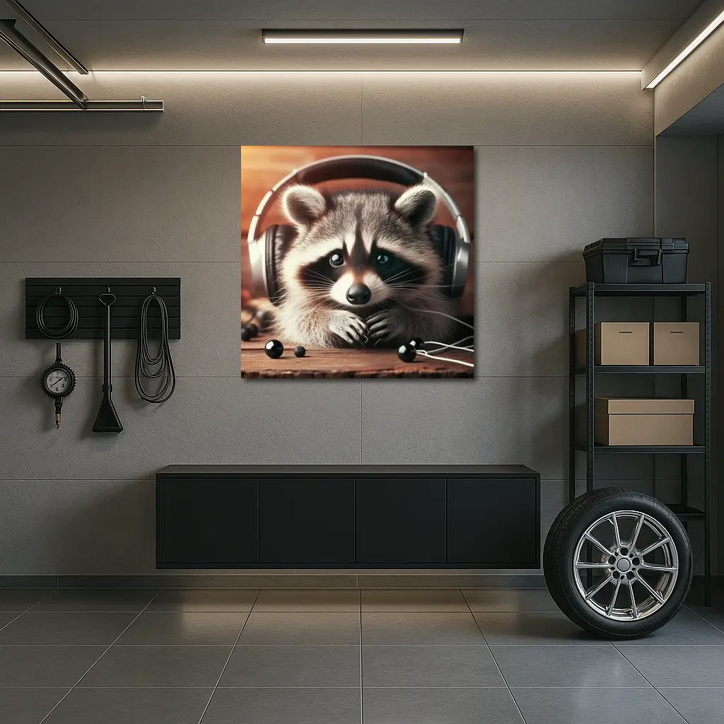 Cute Raccoon With Headphones On Wooden Table – Wall Art