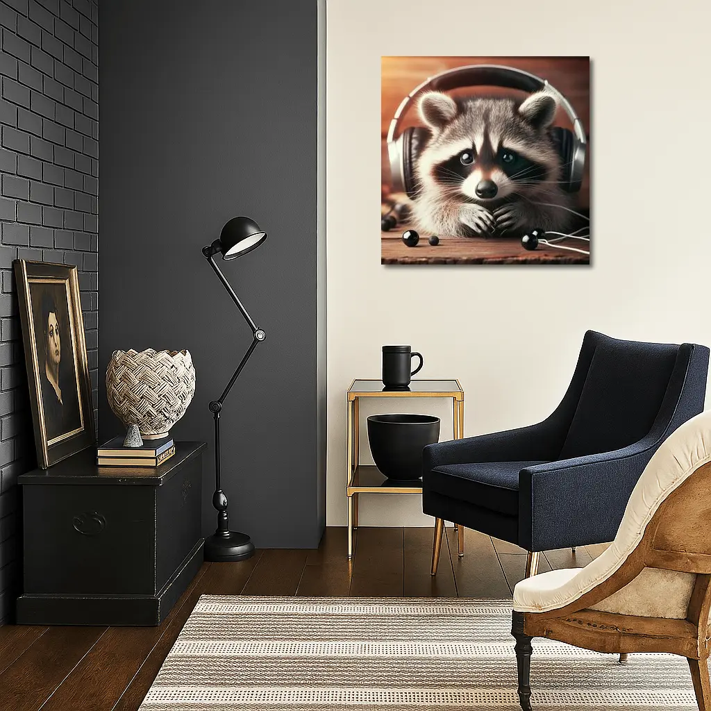 Cute Raccoon With Headphones On Wooden Table – Wall Art