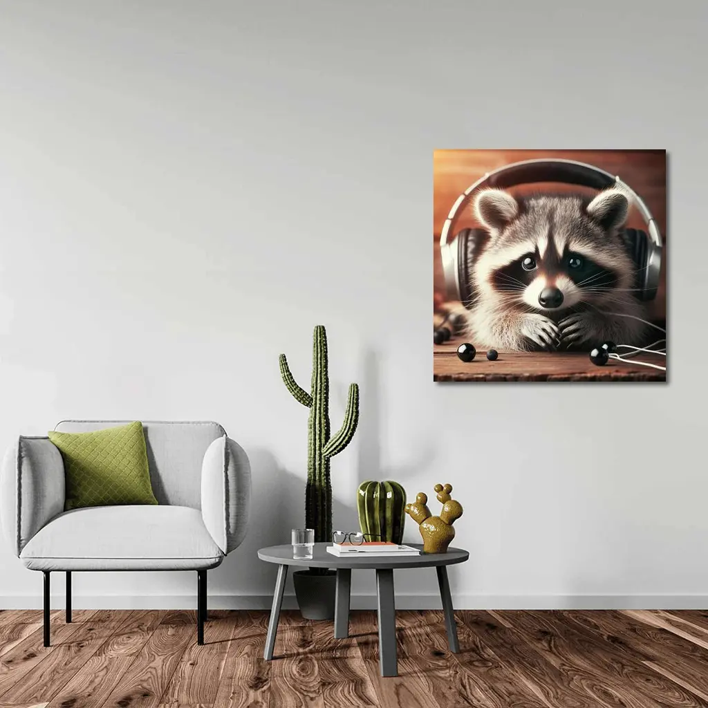 Cute Raccoon With Headphones On Wooden Table – Wall Art