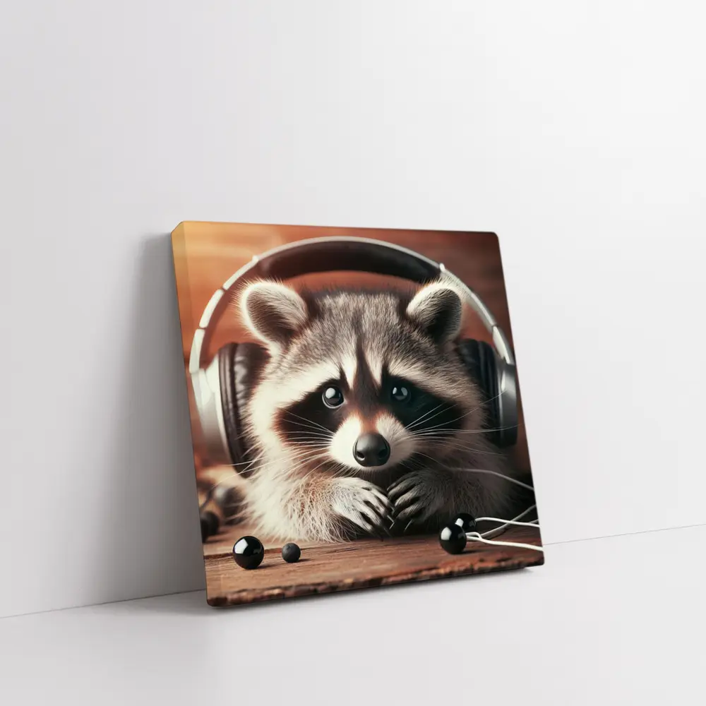 Cute Raccoon With Headphones On Wooden Table – Wall Art