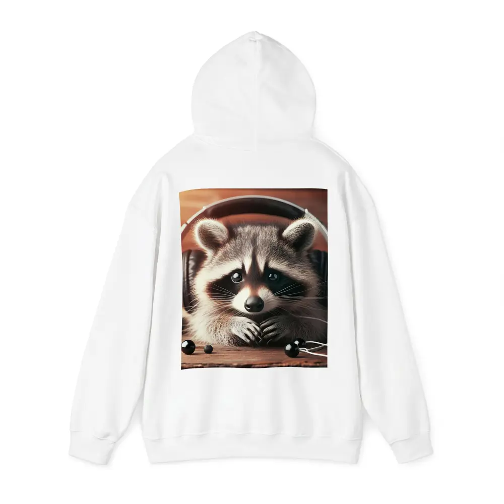 Cute Raccoon With Headphones On Wooden Table – Hoodies