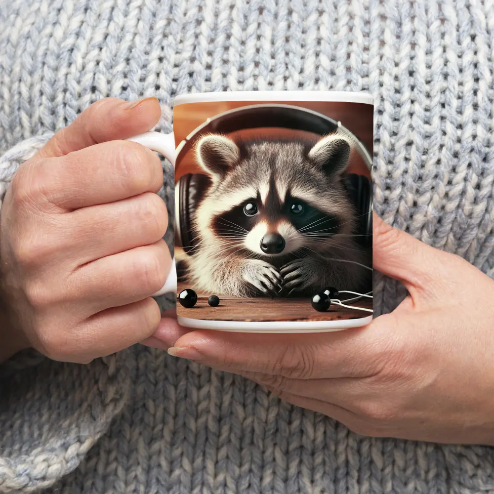 Cute Raccoon With Headphones On Wooden Table – Mugs