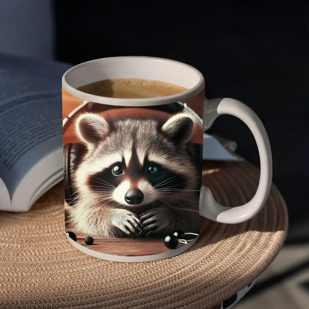 Cute Raccoon With Headphones On Wooden Table – Mugs