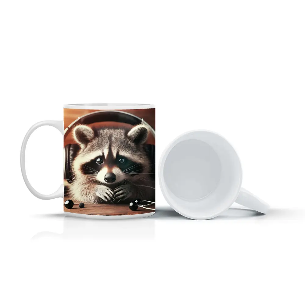Cute Raccoon With Headphones On Wooden Table – Mugs