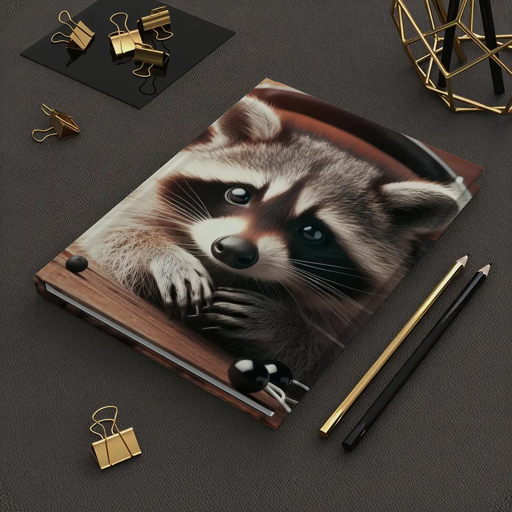 Cute Raccoon With Headphones On Wooden Table – Notebooks