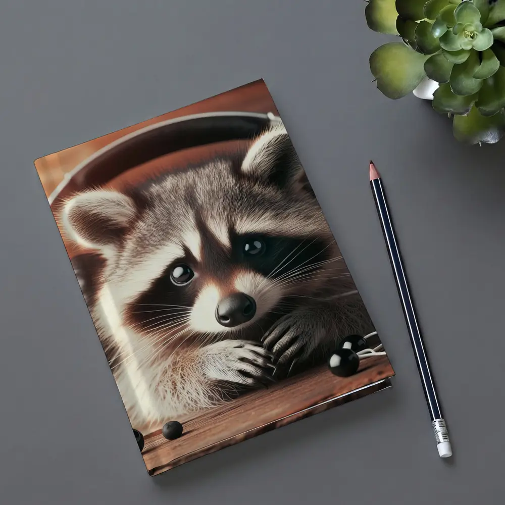 Cute Raccoon With Headphones On Wooden Table – Notebooks