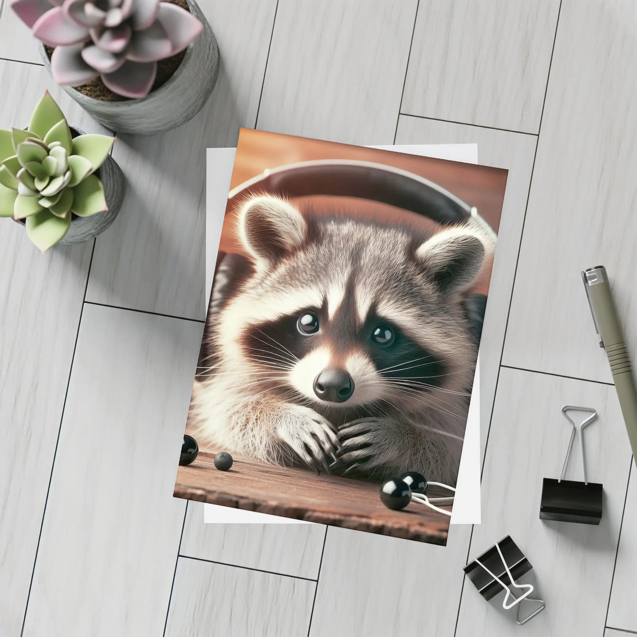 Cute Raccoon With Headphones On Wooden Table – Postcards