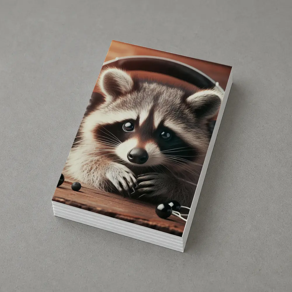 Cute Raccoon With Headphones On Wooden Table – Postcards