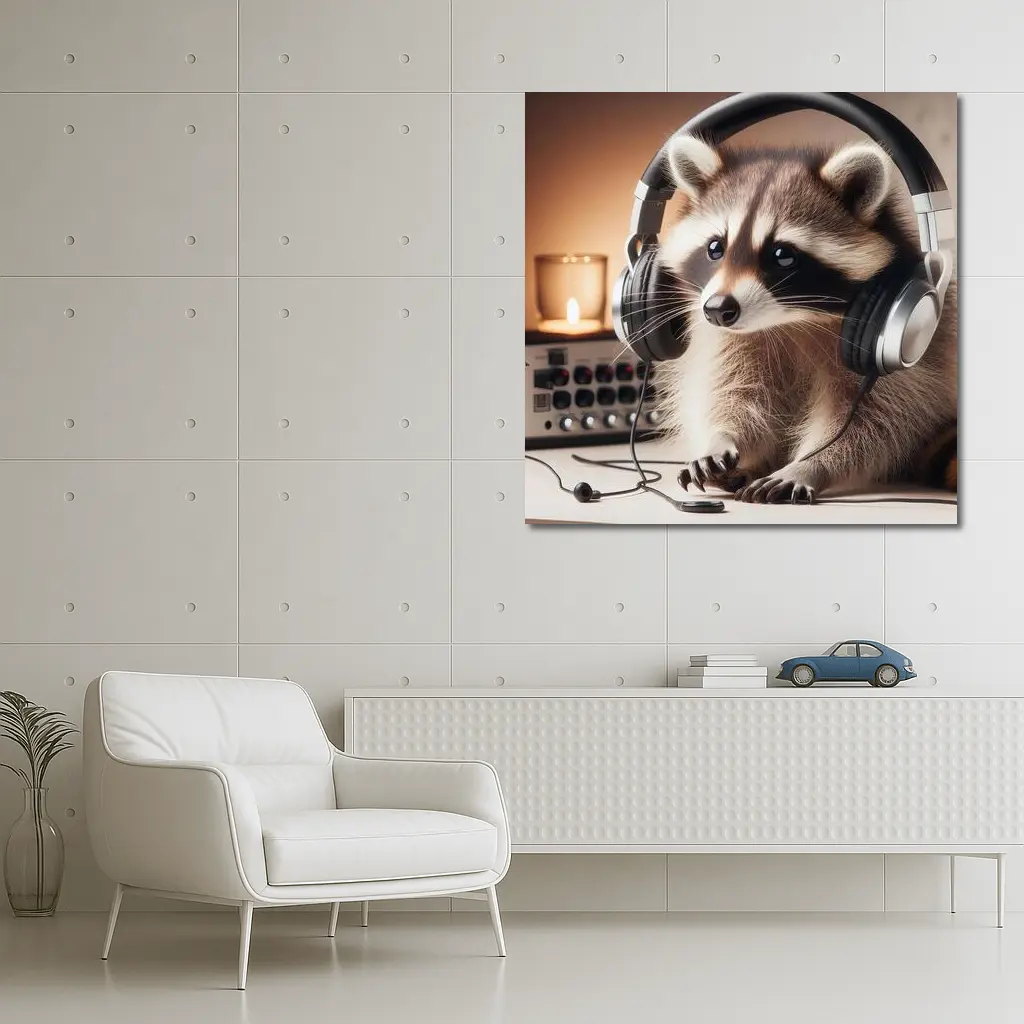 Raccoon Wearing Headphones Music Studio Setting – Wall Art