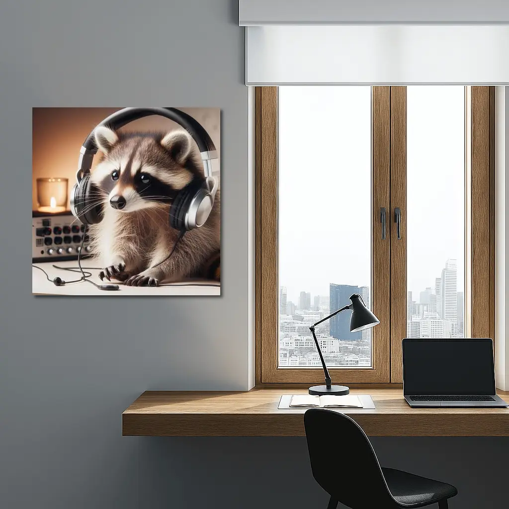 Raccoon Wearing Headphones Music Studio Setting – Wall Art