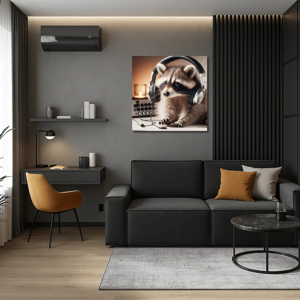 Raccoon Wearing Headphones Music Studio Setting – Wall Art