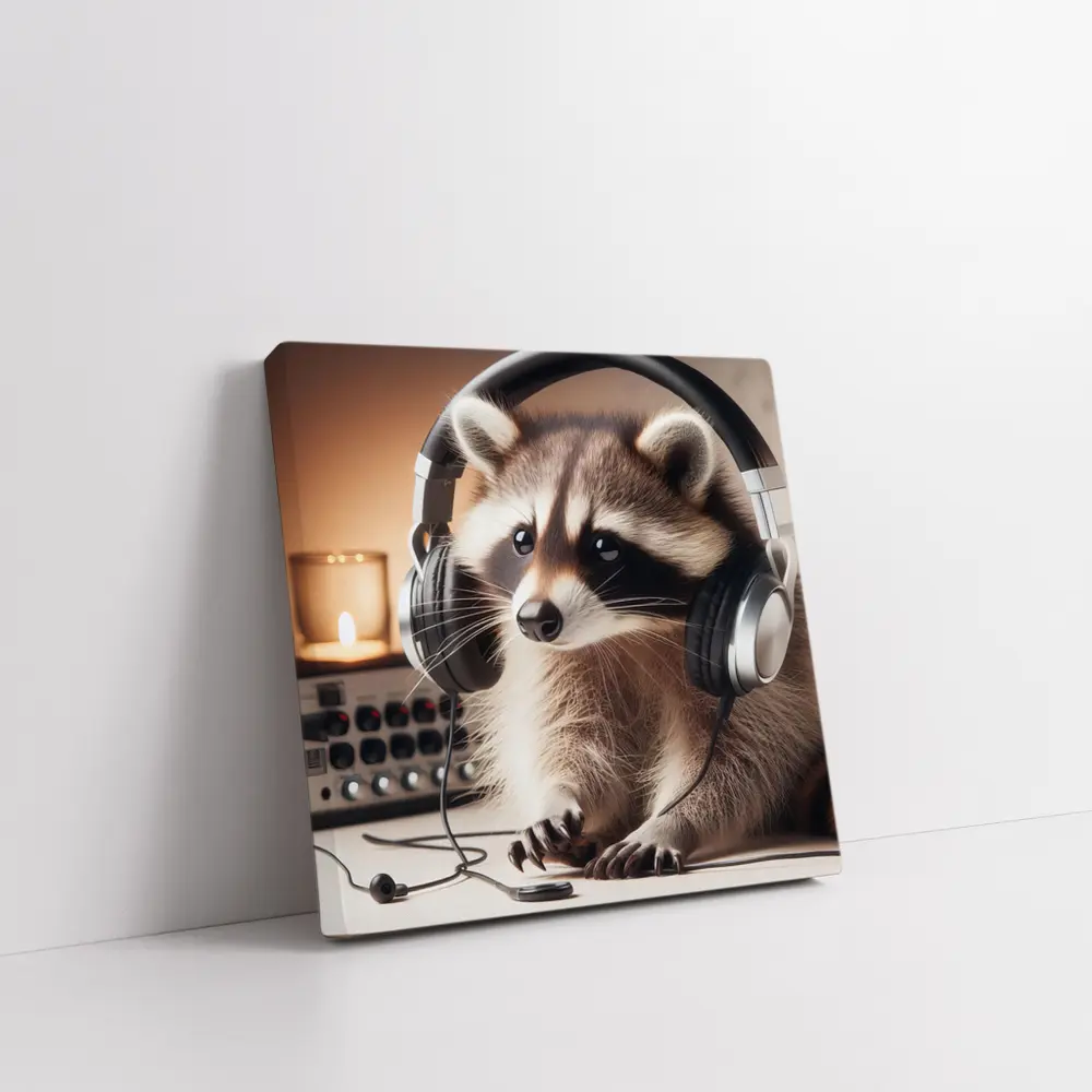 Raccoon Wearing Headphones Music Studio Setting – Wall Art